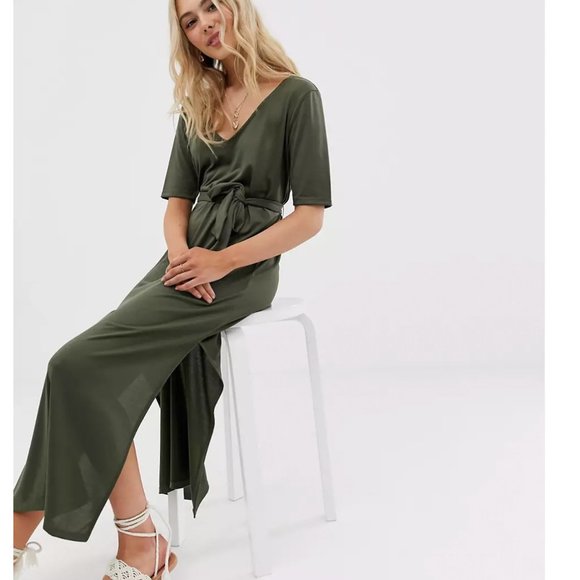 ASOS olive green belted maxi dress w/side slit 6 - Picture 4 of 9
